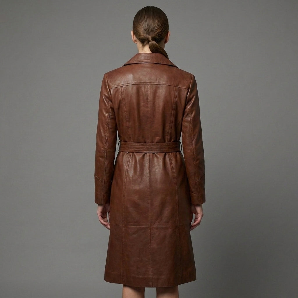 Women's Vintage Chocolate Brown Leather Trench Coat - Back