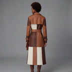 Women's Leather Long Coat Patchwork Tan Brown Cream - Back