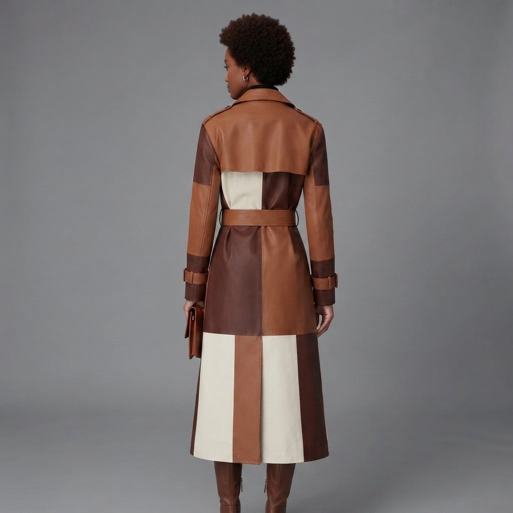 Women's Leather Long Coat Patchwork Tan Brown Cream - Back