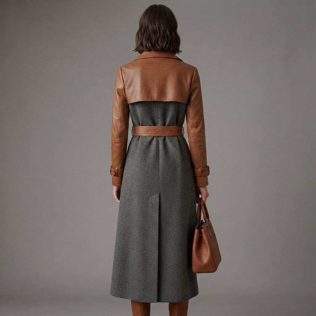 Women's Wool Leather Long Coat - Back