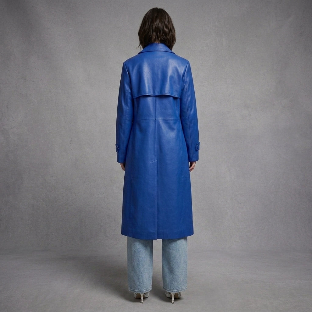 Women's Blue PU Leather Trench Coat - Back