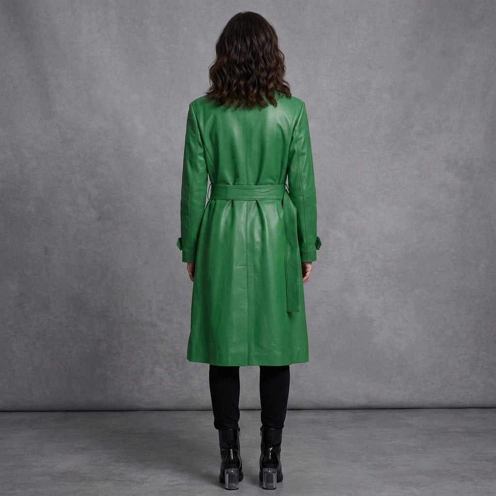 Women's Green Real Lambskin Leather Coat - Back