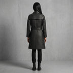 Women's Black Leather Trench Coat - Back