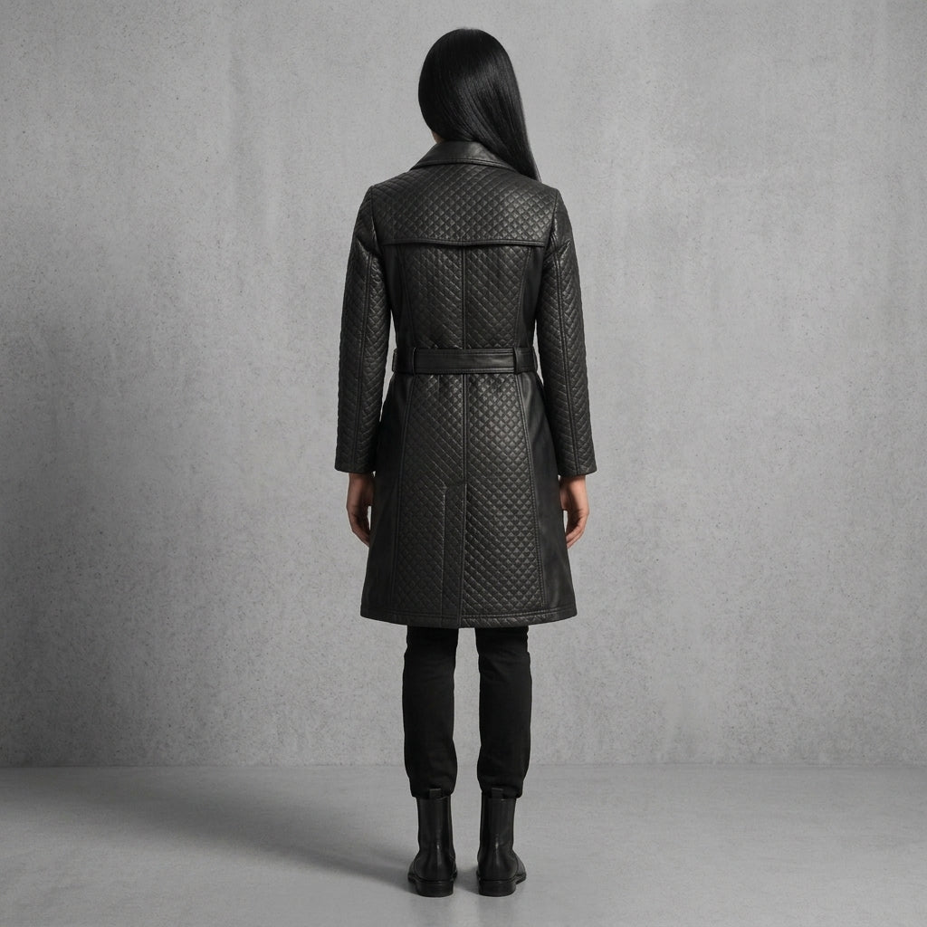 Women's Black Leather Trench Coat - Back