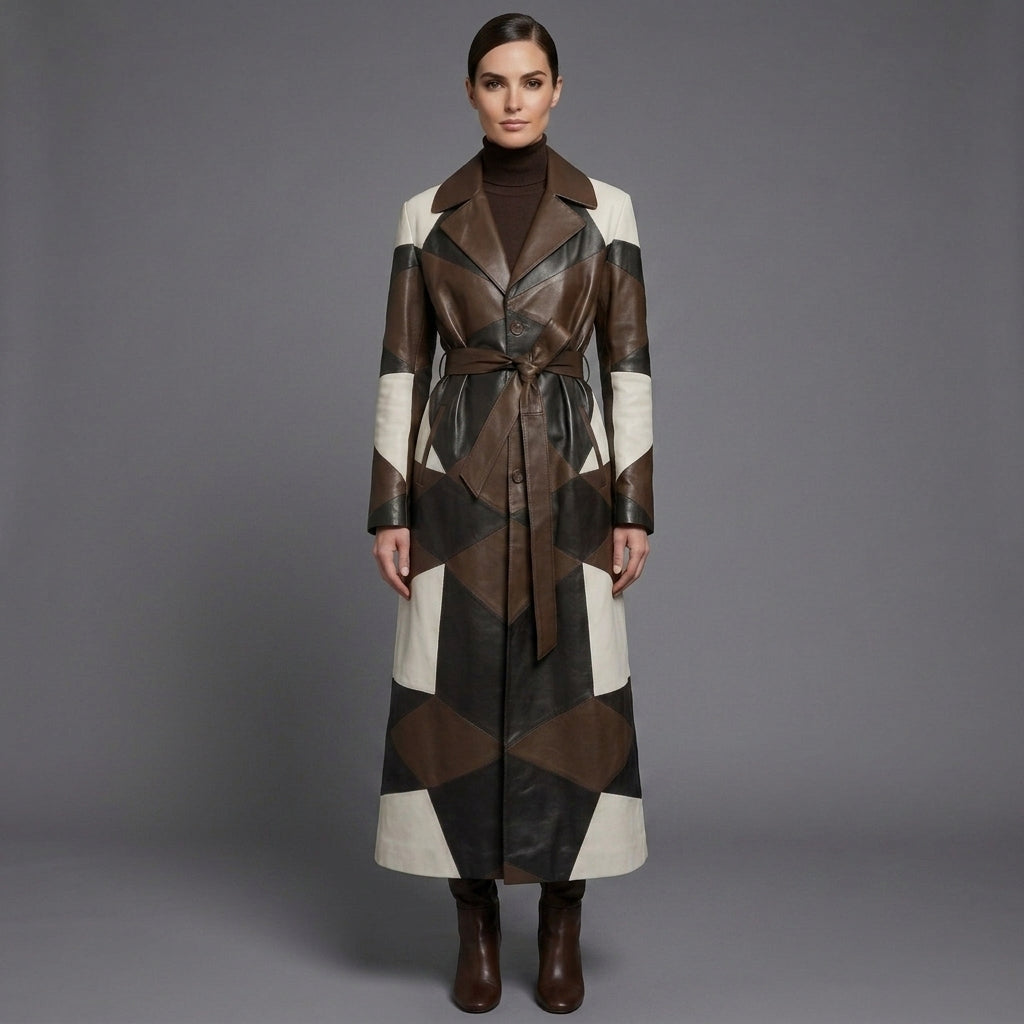 Women's Lambskin Leather Over Coat Patchwork - Back