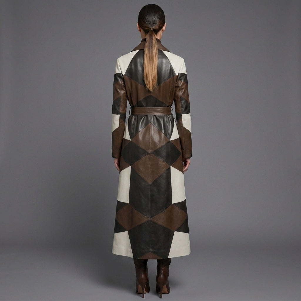Women's Lambskin Leather Over Coat Patchwork - Front