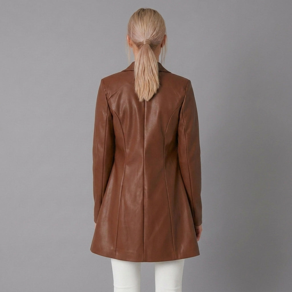 Brown Lambskin Leather Long Coat - Back