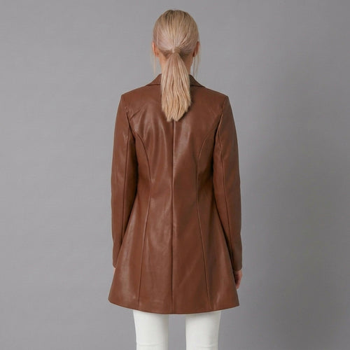 Brown Lambskin Leather Long Coat - Back