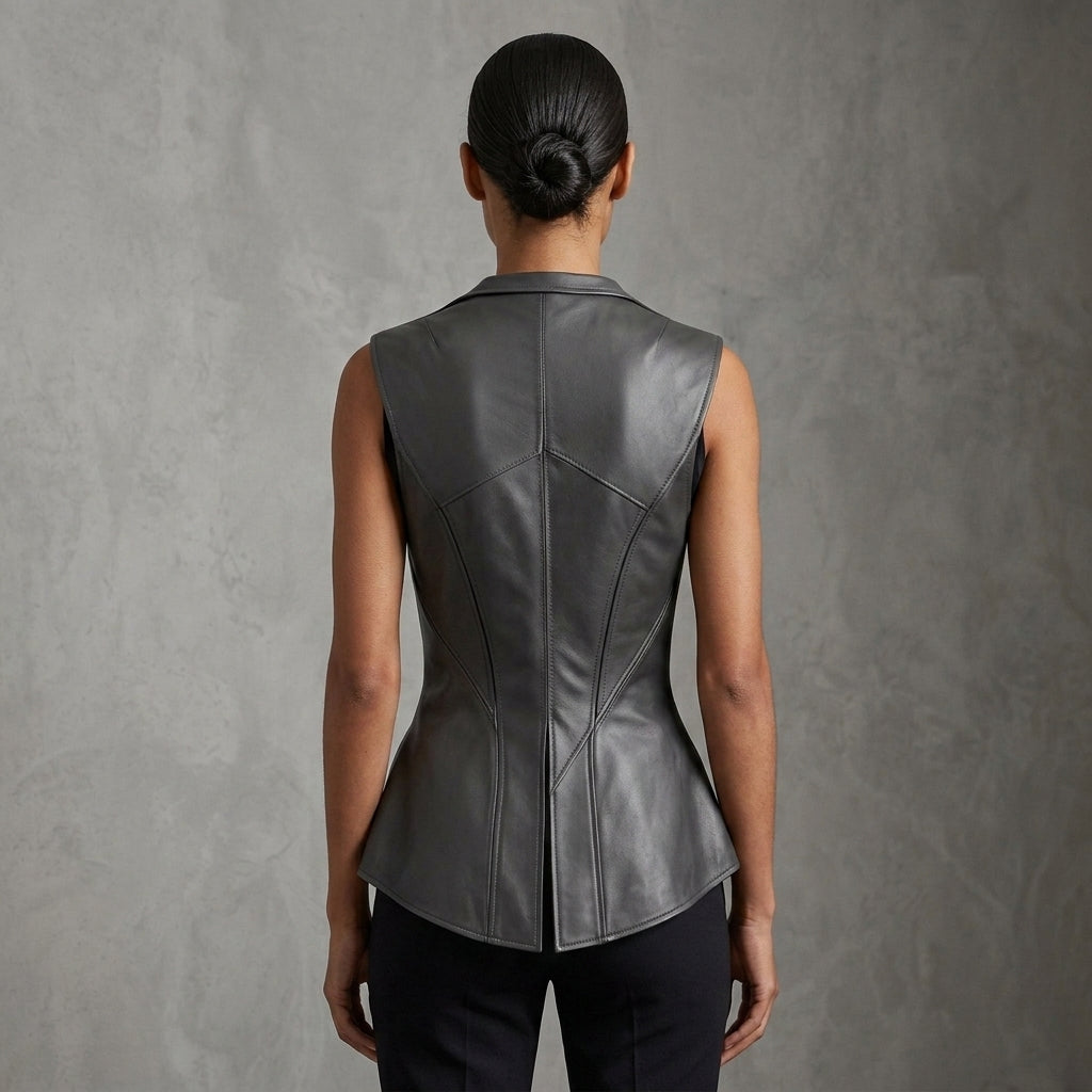 Women's Grey Leather Vest - Back