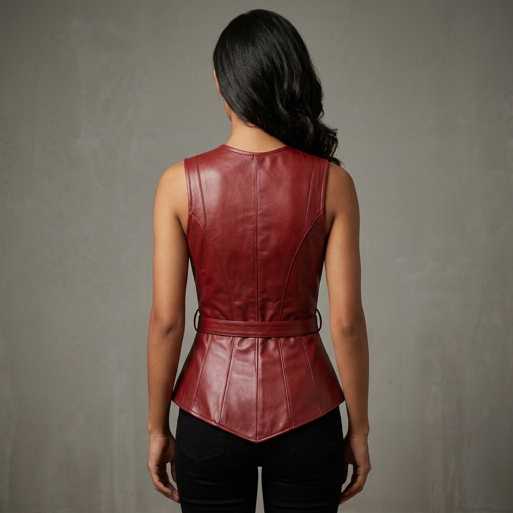 Women's Burgundy Leather Vest - Back