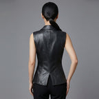 Women's Black Casual Leather Vest - Back