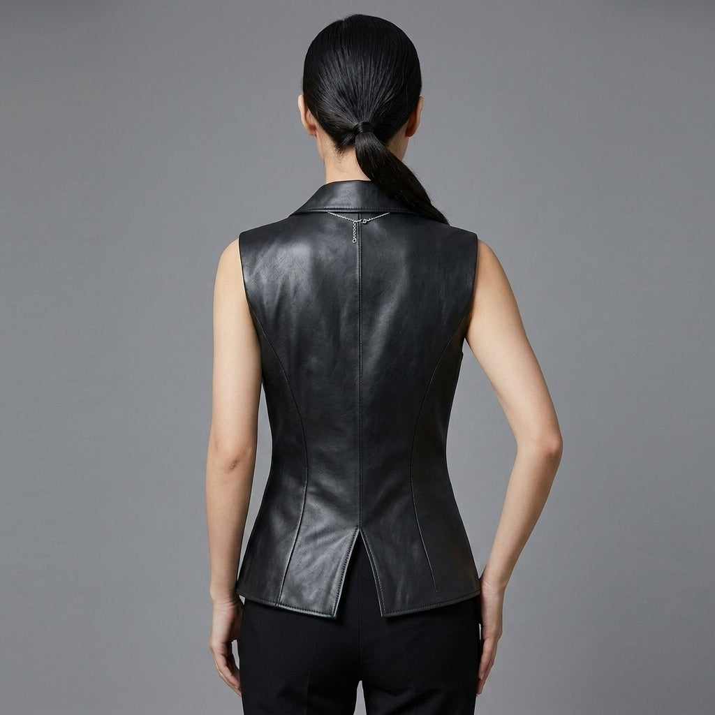 Women's Black Casual Leather Vest - Back