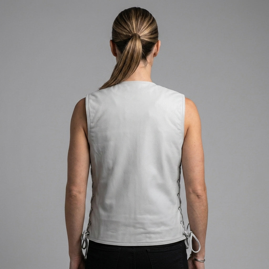 Women's White Motorcycle Leather Vest - Back