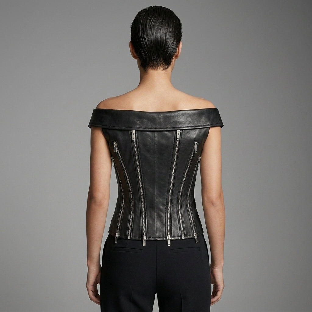 Women's Black Leather Corset Top - Back