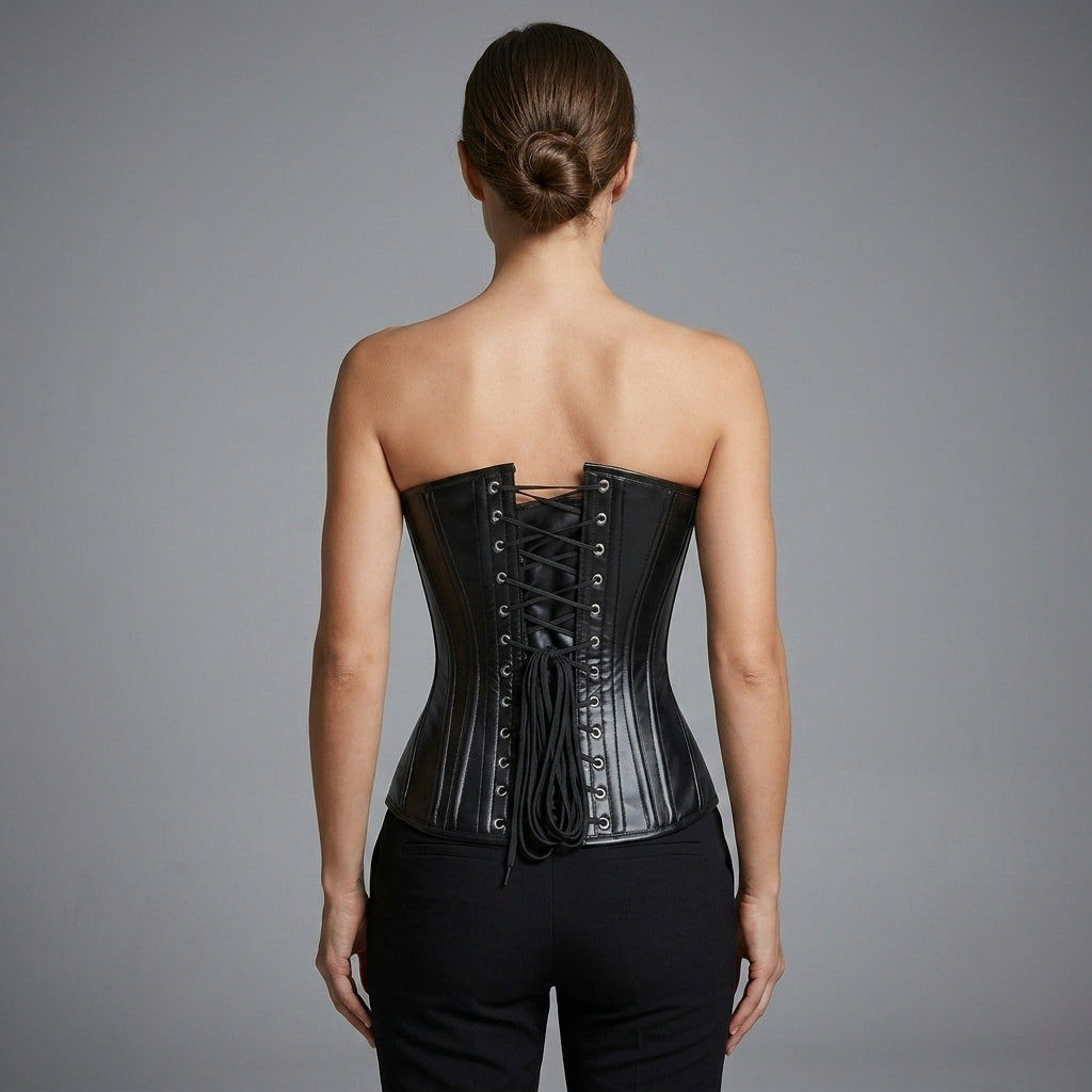 Women's Black PU Leather Corset - Back