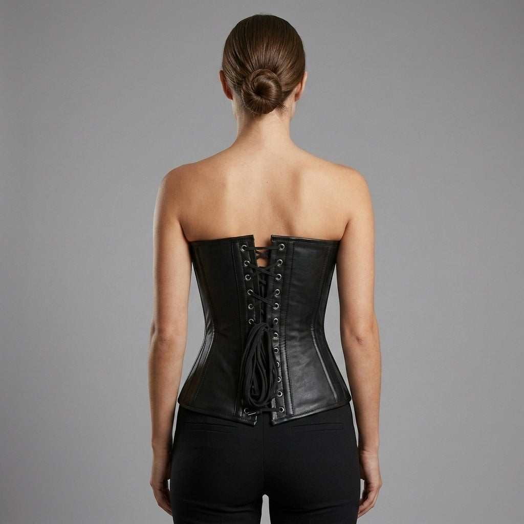 Women's Black Leather Steampunk Corset - Back