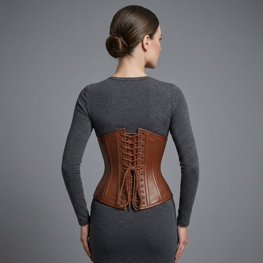 Women's Brown Leather Underbust Corset - Back