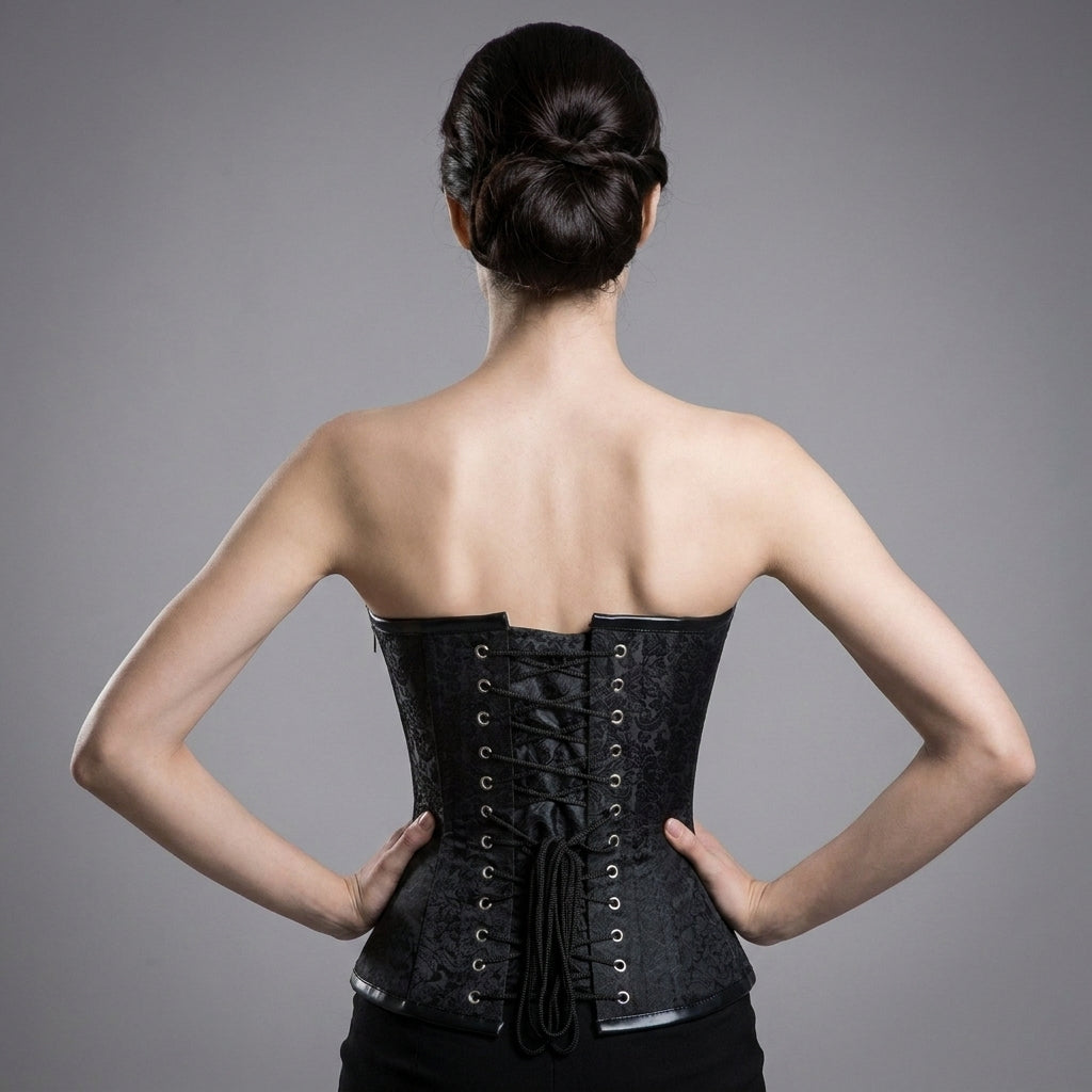 Women's Black PU Leather Buckle Bustier Corset - Back