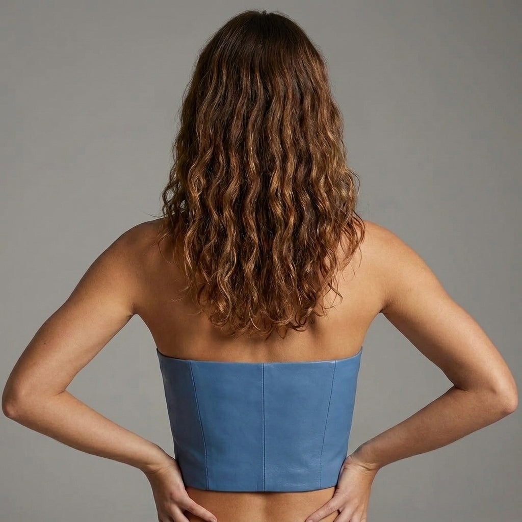 Women's Blue Vintage Leather Corset Top - Back
