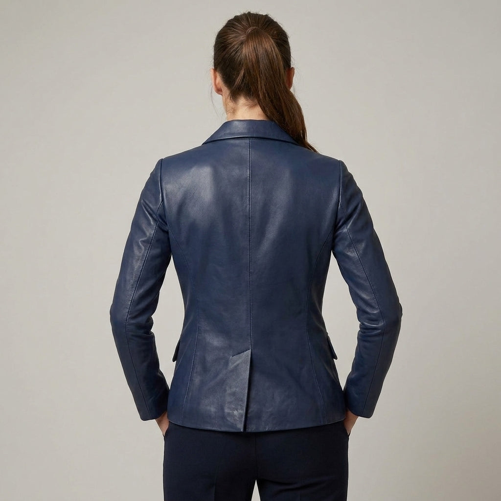 Women's Double Breasted Brown Leather Blazer - Back