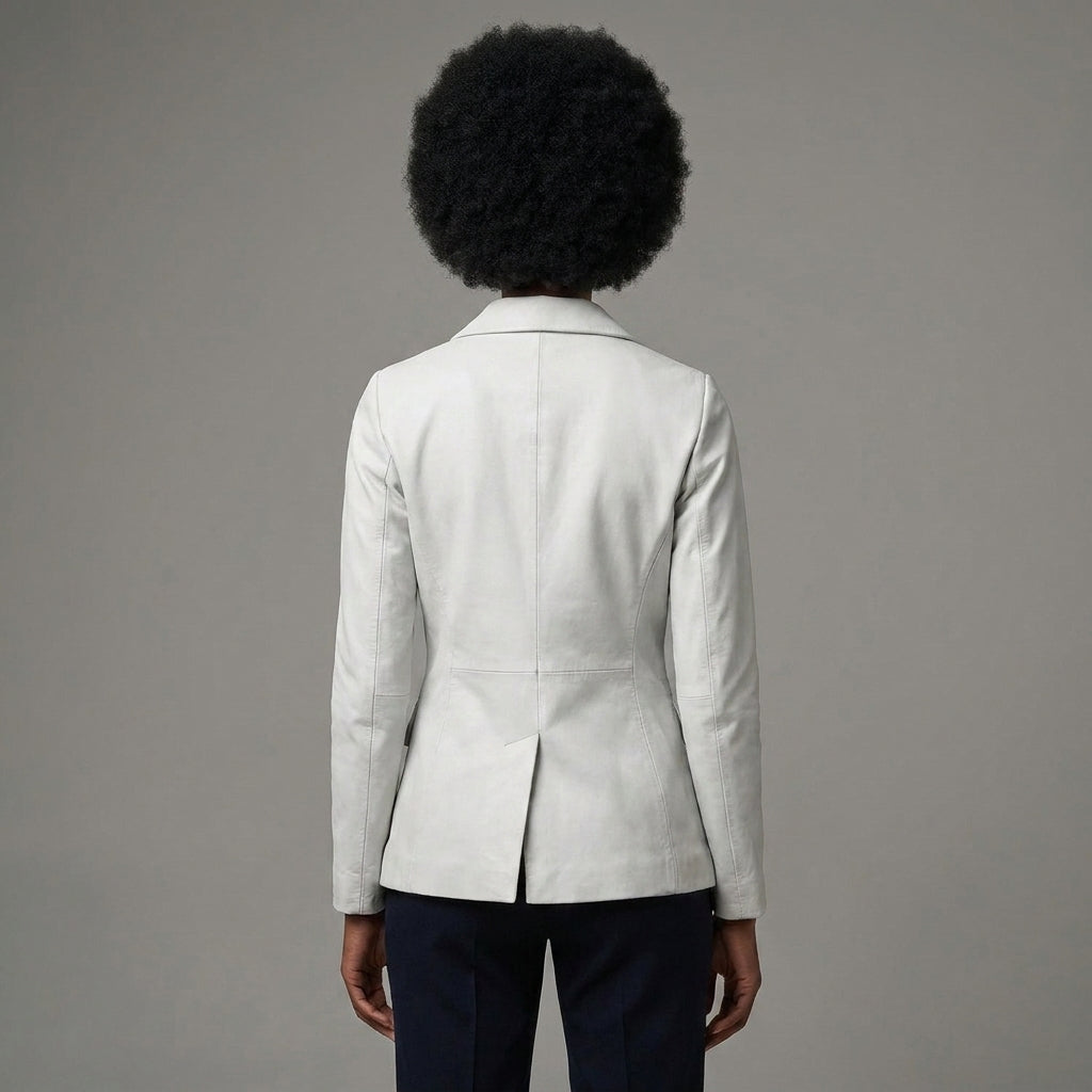 Women's Double Breasted Blue Leather Blazer - Back