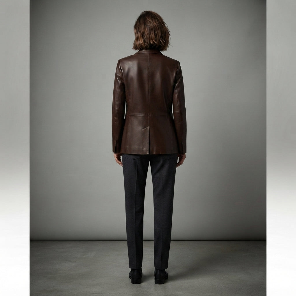 Women's Brown Leather Blazer - Back