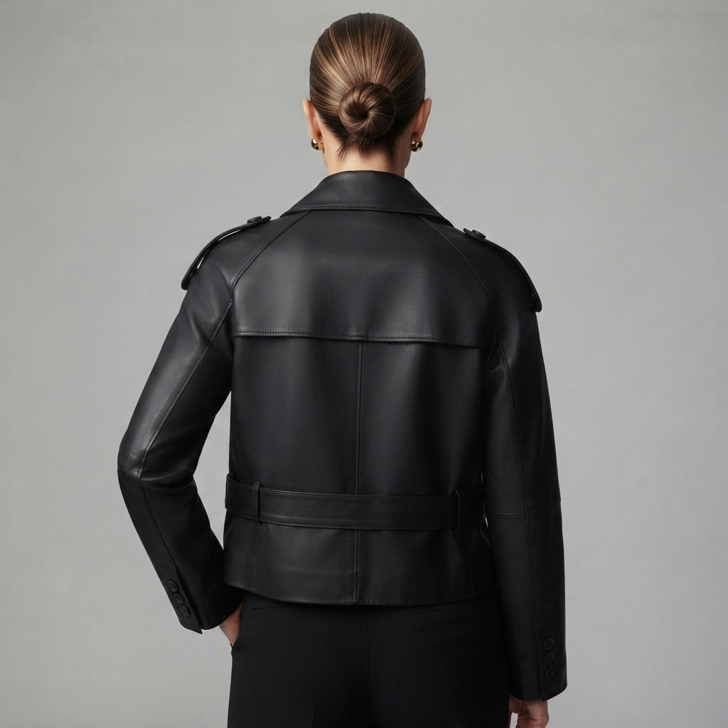 Women's Stylish Black Leather Blazer - Back