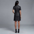 Women's Black Leather Front Zip Shirt Collar Dress - Back