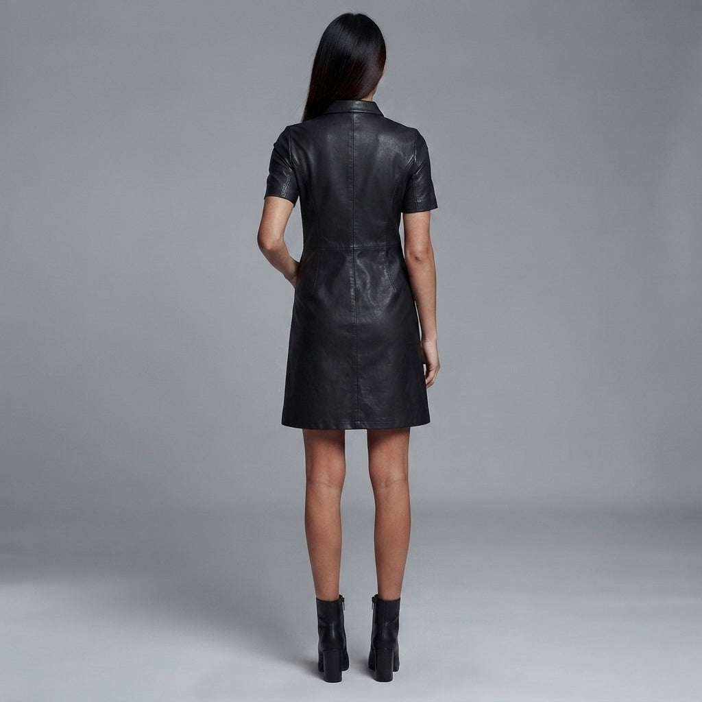 Women's Black Leather Front Zip Shirt Collar Dress - Back