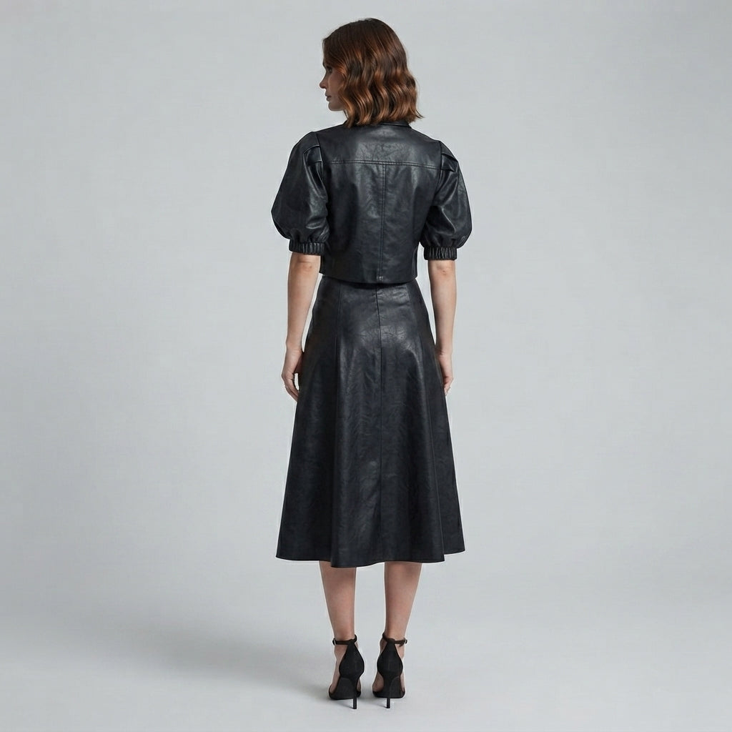 Women's Black Leather Party Dress - Back