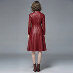 Women's Red Genuine Leather Party Dress Coat - Back