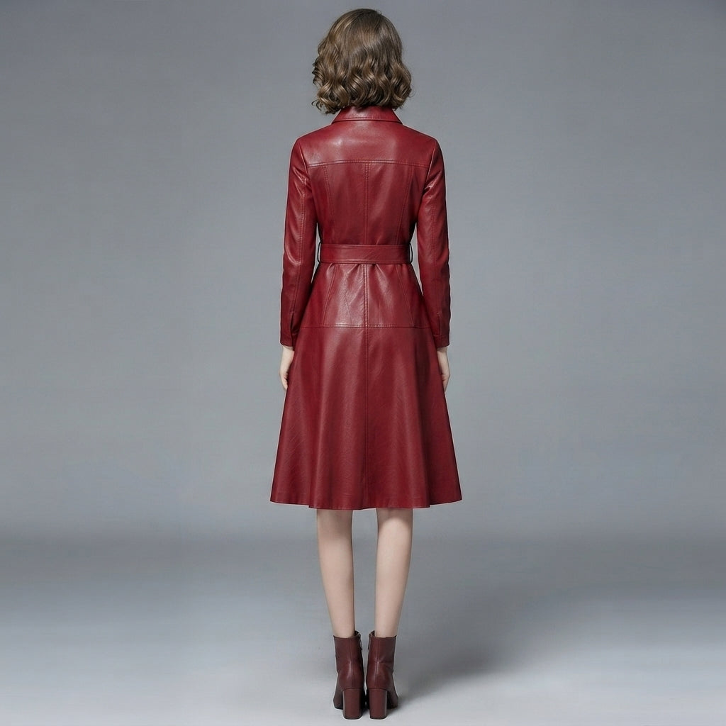 Women's Red Genuine Leather Party Dress Coat - Back