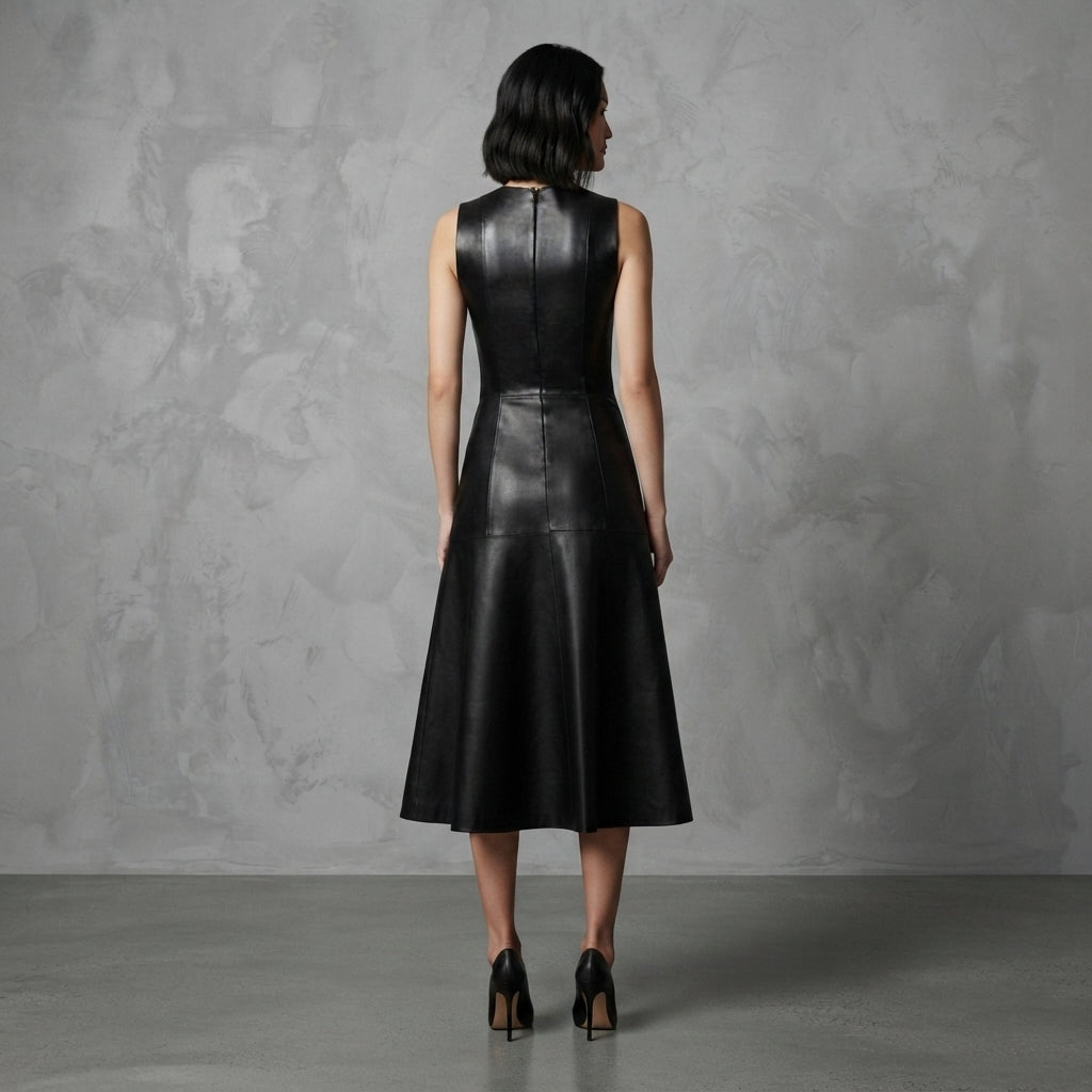 Women's Black Genuine Lambskin Leather Dress - Back