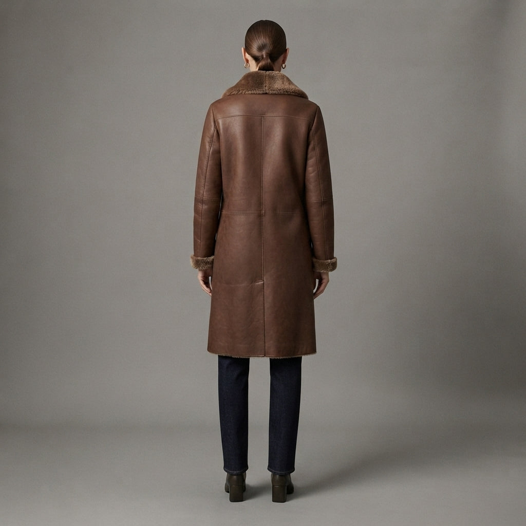 Women's Brown Shearling Coat - Back