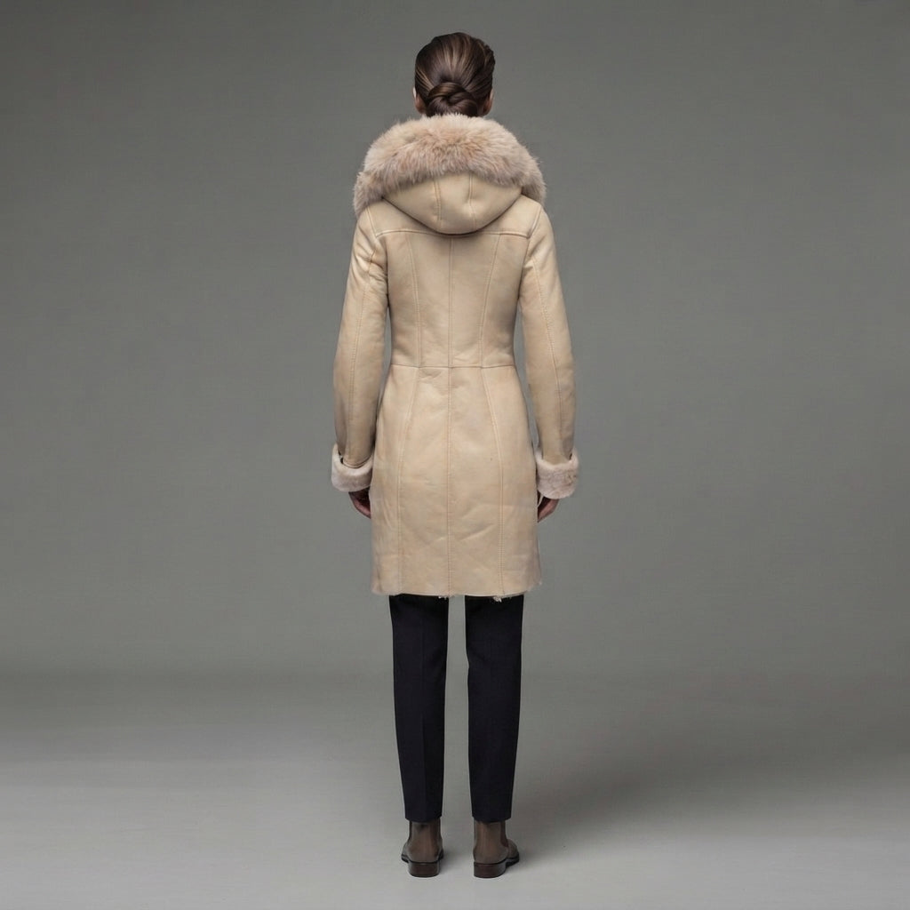 Women's Handmade Shearling Sheep Leather Long Coat - Back