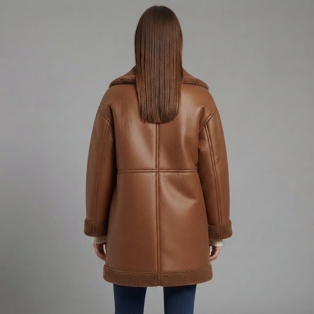 Women's Brown Genuine Lambskin Leather Coat - Back