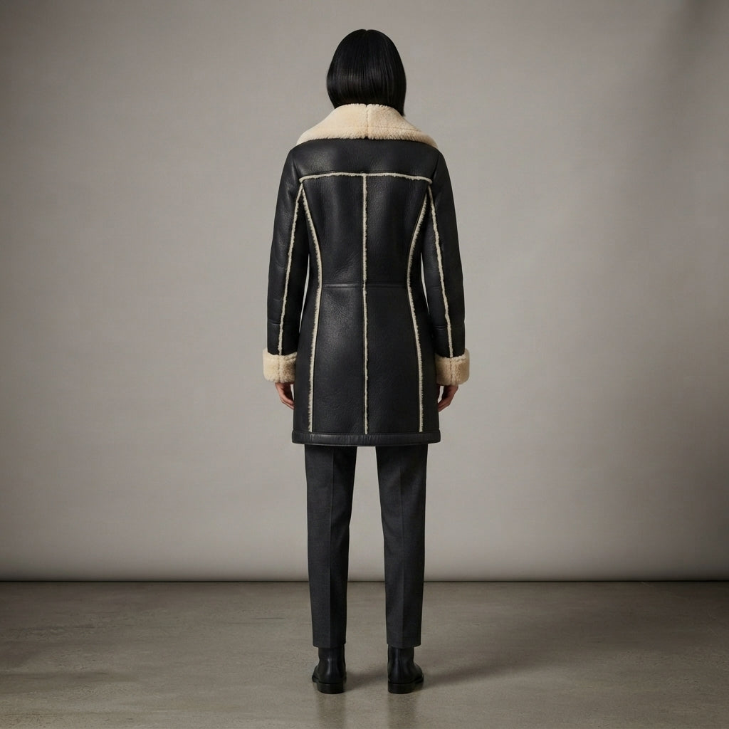 Women's Real Sheepskin Leather Shearling Jacket - Back