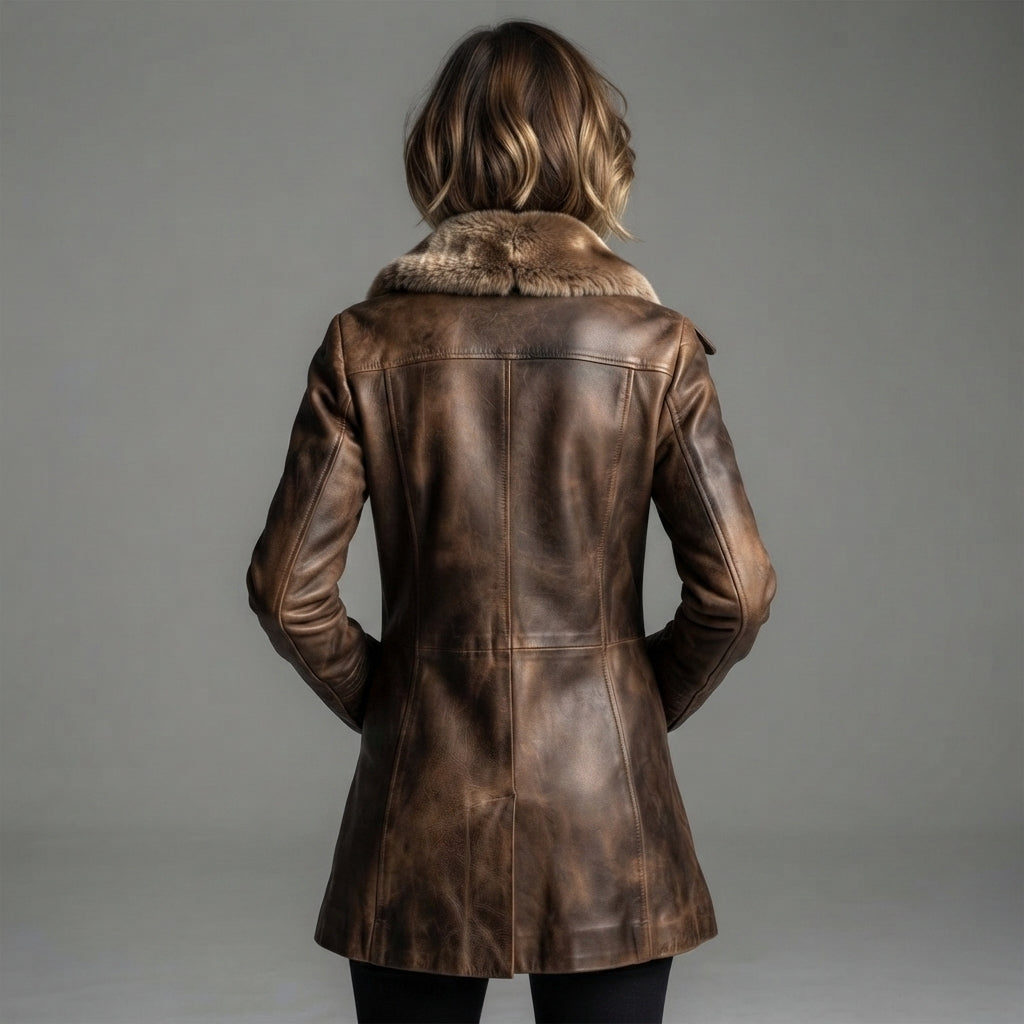 Women's Brown Shearling Real Leather Coat - Back