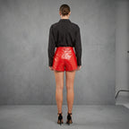 Women's Red PU Leather Shorts - Back