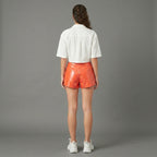 Women's Orange Leather Shorts - Back