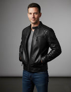 Black Leather Biker Jacket for Men - Front