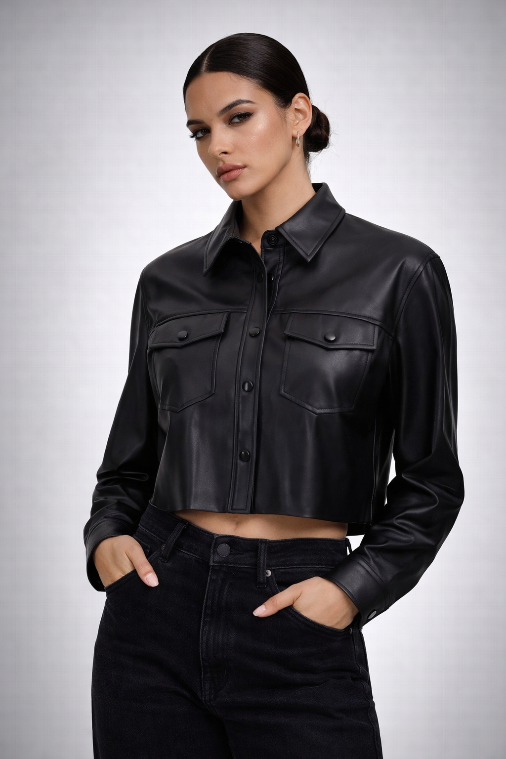 Women's Black Leather Shirt - Front