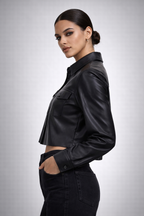 Women's Black Leather Shirt - Left