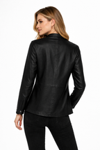 Women's Wing Collar Black Leather Shirt - Back