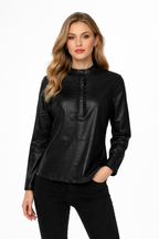 Women's Wing Collar Black Leather Shirt - Front