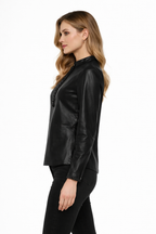 Women's Wing Collar Black Leather Shirt - Left