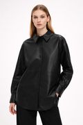 Women's Oversized Black Leather Shirt - Front