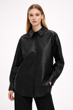 Women's Oversized Black Leather Shirt - Front