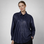 Women's Blue Oversized Leather Shirt - Front