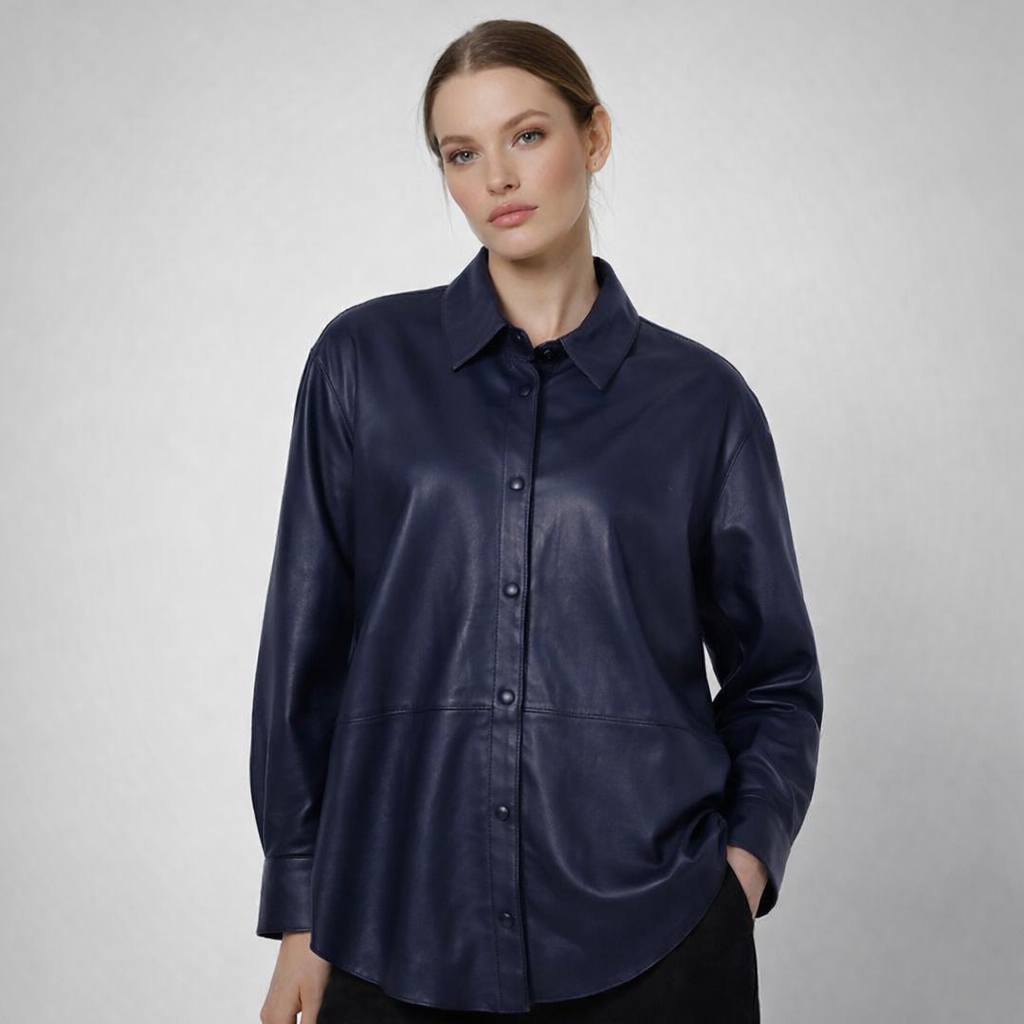 Women's Blue Oversized Leather Shirt - Front